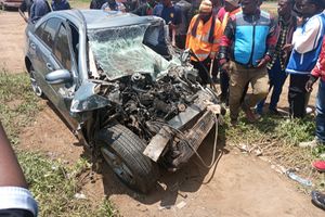 wreckage of car involved in accident with lorry in Mbaruk