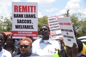 Lecturers under Uasu, Moi University Chapter, take part in a strike Eldoret