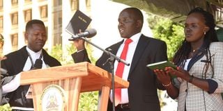 Evans Kapkea (centre) is sworn-in as Deputy Governor Uasin Gishu County