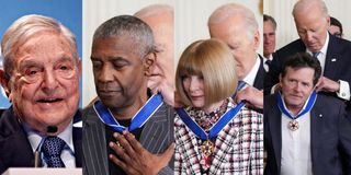 George Soros, actor Denzel Washington, Vogue Editor Anna Wintour and actor Michael J Fox biden award