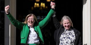 Susan Smith and Marion Calder celebrate