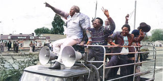 Opposition leaders heading to Kamukunji Grounds July 7, 1990.