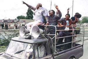 Opposition leaders heading to Kamukunji Grounds July 7, 1990.