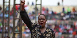Winnie Odinga speaking during the State funeral of former Prime Minister Raila Odinga 