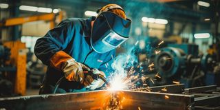 A skilled welder meticulously works on a metal structure