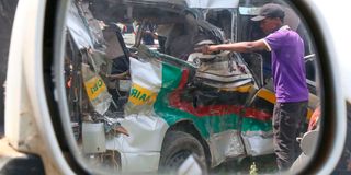 The wreckage of a 16-seater Great Rift matatu kikopey