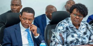 Labour CS Alfred Mutua and NEA boss Edith Okoki