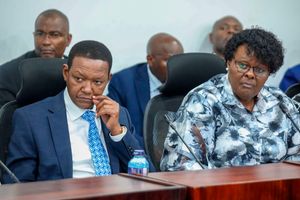 Labour CS Alfred Mutua and NEA boss Edith Okoki