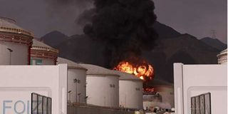 Smoke and flames rise from the Fujairah Oil Industry Zone in the United Arab Emirates 