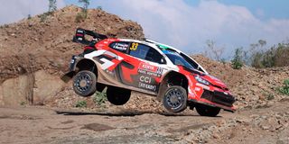 Oliver Solberg and co-driver Elliot Edmonson racing in a Toyota Yaris 