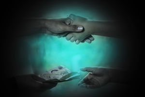 Man handing money for buying child, Human trafficking concept