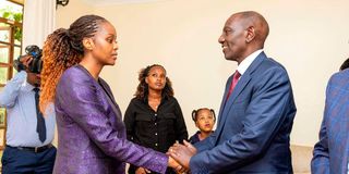 President William Ruto consoles Ms Nayianoi Ntutu Ngeno wife to the late Emurua Dikirr MP Johanna Ng’eno