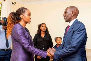 President William Ruto consoles Ms Nayianoi Ntutu Ngeno wife to the late Emurua Dikirr MP Johanna Ng’eno