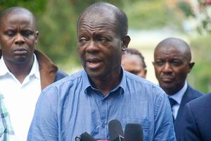 Raphael Tuju addresses the media at his Karen home 