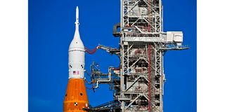 he Artemis I unmanned lunar rocket sits on its launch pad 39B