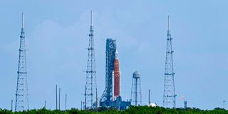 The Artemis I unmanned lunar rocket sits on launch pad 39B 