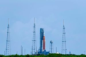 The Artemis I unmanned lunar rocket sits on launch pad 39B 