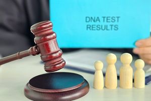 Court setting with gavel and DNA test results representing legal decision making process