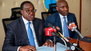 Education Cabinet Secretary Julius Ogamba (left) and Teachers Service Commission (TSC) Chairman Dr Jamleck Kamau