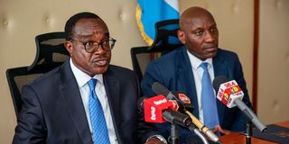 Education Cabinet Secretary Julius Ogamba (left) and Teachers Service Commission (TSC) Chairman Dr Jamleck Kamau