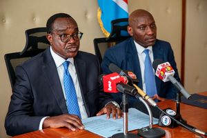 Education Cabinet Secretary Julius Ogamba (left) and Teachers Service Commission (TSC) Chairman Dr Jamleck Kamau