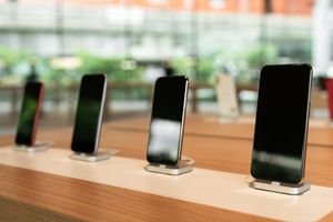 Smartphones on the shelf of the technology store.