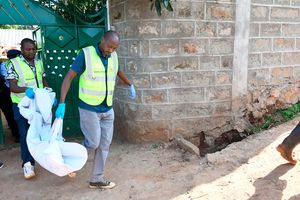 Homicide detectives carry a body bag containing the head of Joy Kanini, 