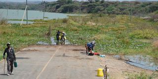 A view of the submerged Marigat-Loruk road in Baringo County lake
