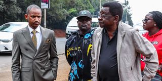 Mr Oliver Ochieng Jaoko (centre) with Embakasi East MP Babu Owino and Siaya Governor James Orengo