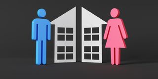 White paper cutout house cut into halves with a blue male and a red female 