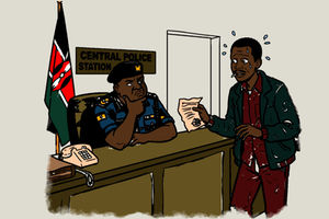 Illustration of an uneasy man speaking to a police officer seated at a desk.