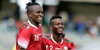 Harambee Stars midfielder Francis Kahata (left) celebrates his goal with teammate Abdallah Hassan